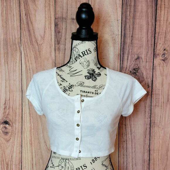 Forever 21 Tops - Forever 21 Ivory White Ribbed Button Up Crop Top, Sz S